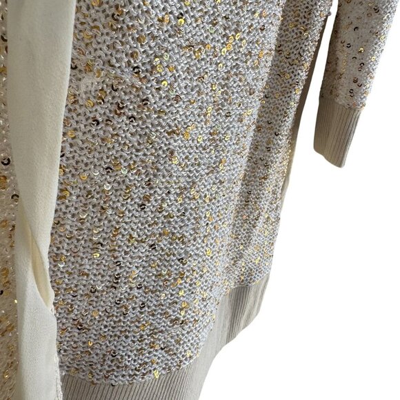 Chicos Sequin Embellished V Neck Glam Beige Gold Knit Cardigan Sweater Size 3 - Picture 4 of 9